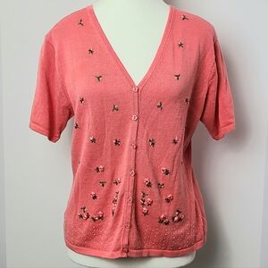 R&K vintage short sleeve button-down embroidered  knit blouse, Sz 10 (PTP 19")